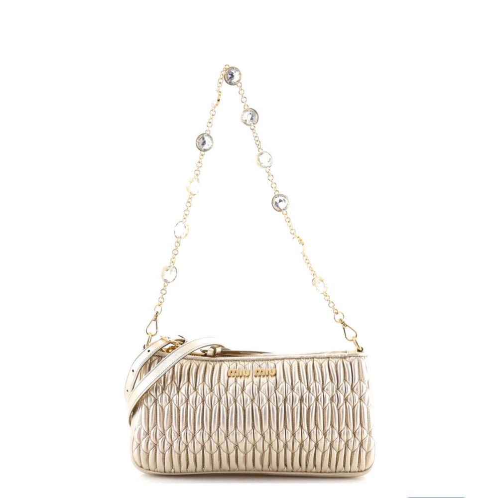 Miu Miu Metallic Gold Quilted Shoulder Bag with Crystal-Embellished Chain